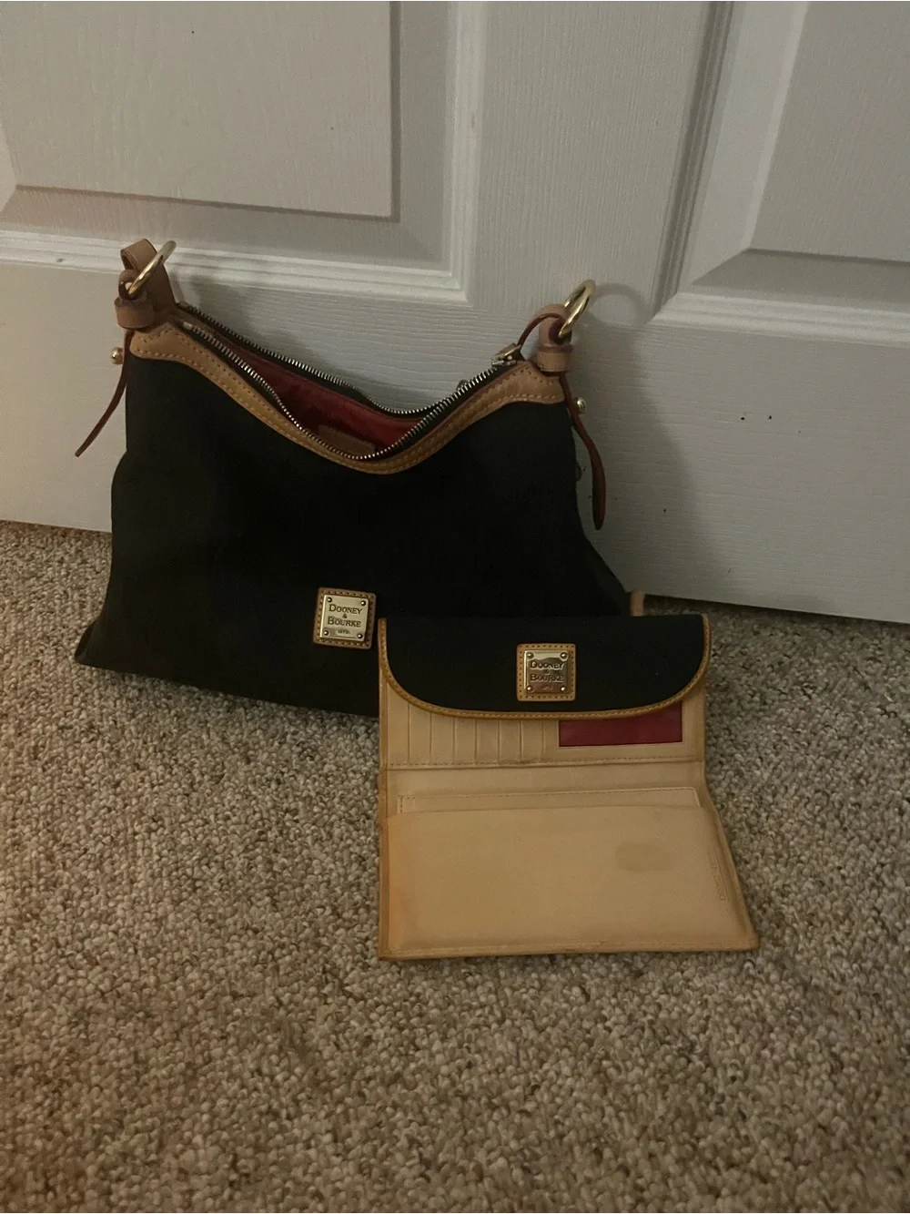 Dooney & Bourke Black Shoulder Bag with Tan Trim and Matching Wallet